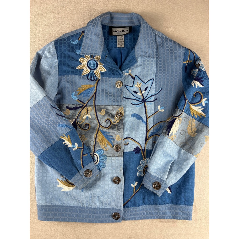 Indigo Moon Blue Patchwork Floral Embroidered Button Front Jacket Womens XS